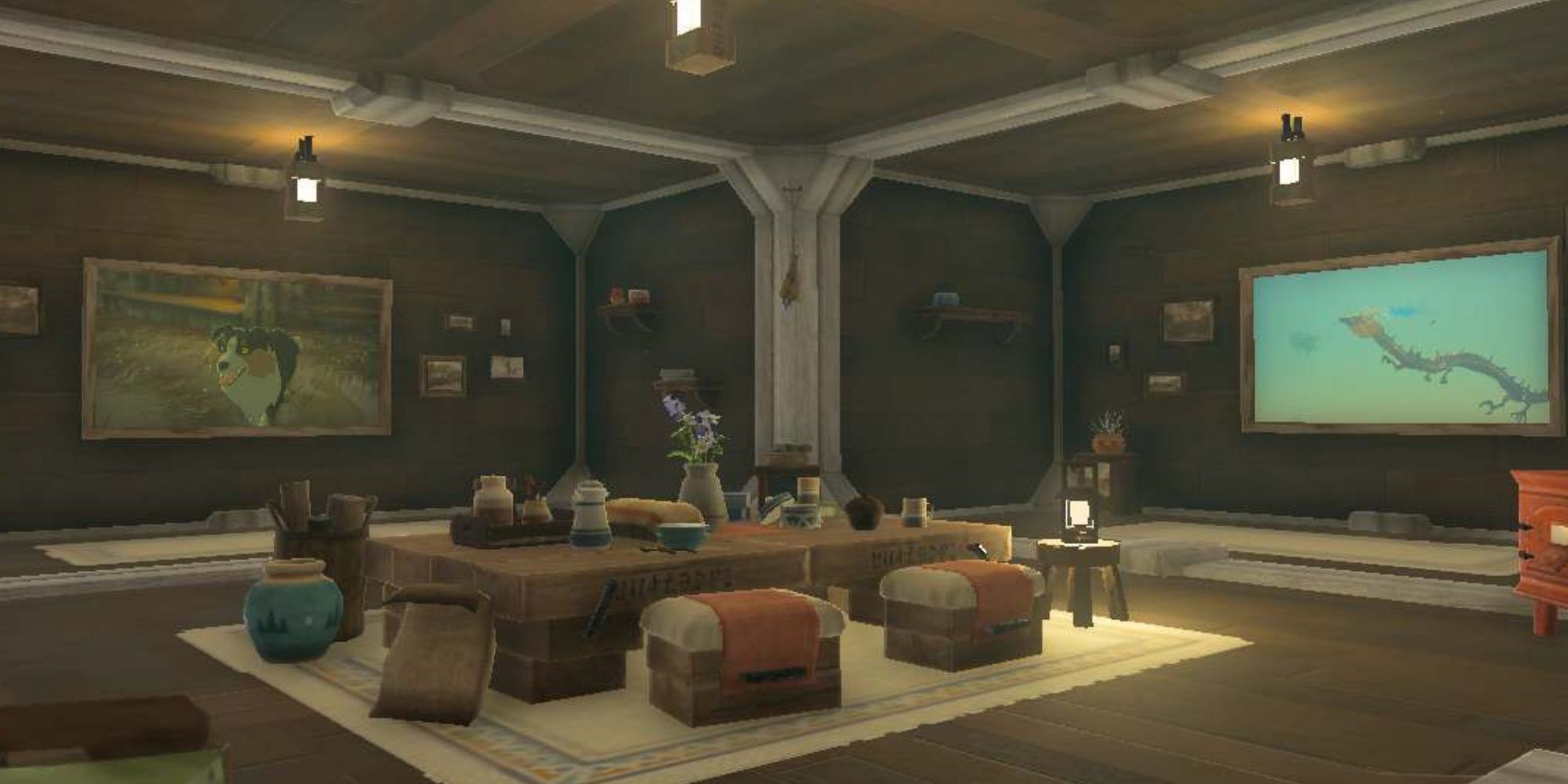 Tears of the Kingdom - Link's house with two gallery rooms showing photos of the light dragon and a dog