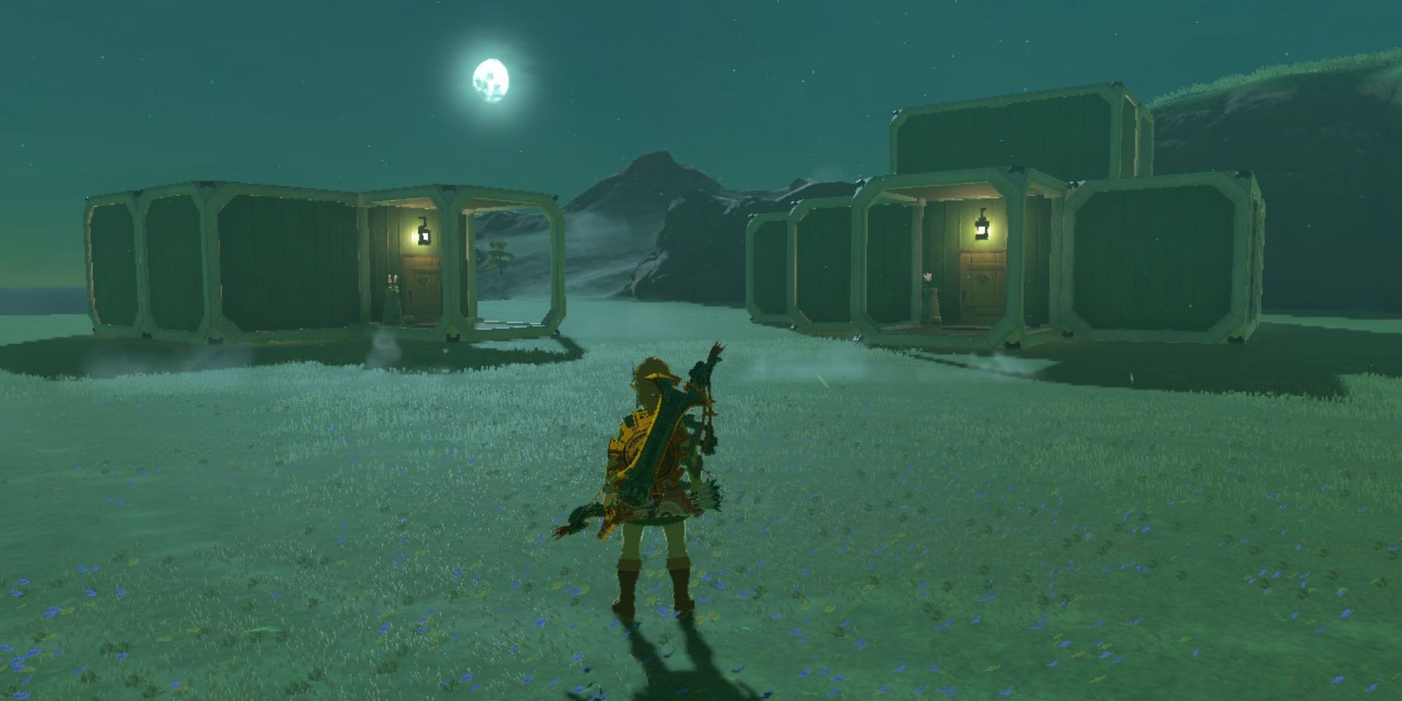 Tears of the Kingdom - Link standing outside of his dream house and a guest house with moon in the background